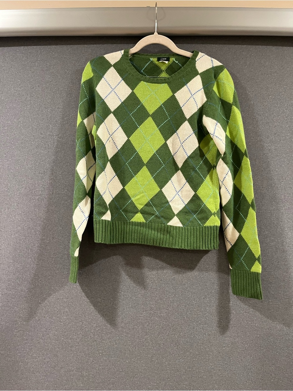 J. Crew Green and Cream Argyle Crewneck Sweater